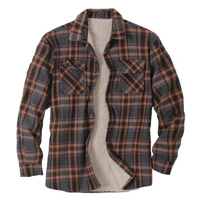 China Brown Anti-Shrink Mens Flannel Cotton Outer With Fleece Lining Thick Warm Winter Plaid Shirt Jacket for sale