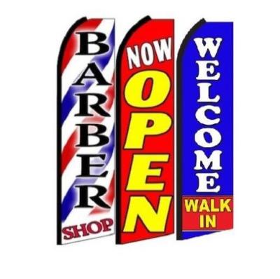 China Custom Barber Shop FLYING, Now Open and Welcome Swooper Feather Flag Sign Banner for sale