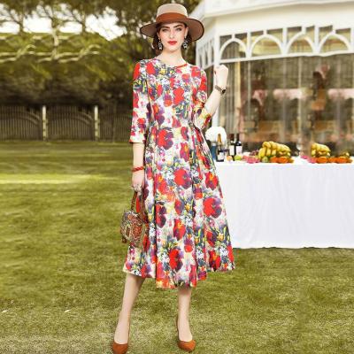 China New Spring 2022 Women's Beach Sequin Printed Red Party Dress Viable Fashion Loose American Bohemian Midi Skirt Dresses for sale