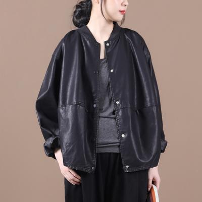 China Breathable Short Leather Women Coat Spring And Autumn 2021 New Plus Size Baseball Collar PU Casual Jacket for sale