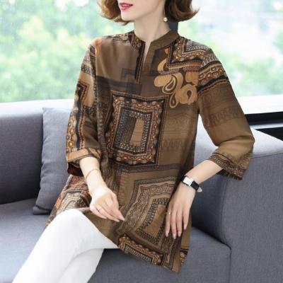 China Vintage Breathable Dress Floral Print Loose Size Tops Ladies Plus Size Casual Coffee Half Sleeve Blouse for sale