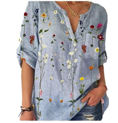 China Pattern Type: Floral Sleeve Type: V Neck Long Sleeve Long Sleeve Cotton T-Shirts Top Cotton Pocket Shirt For Women Blouses for sale