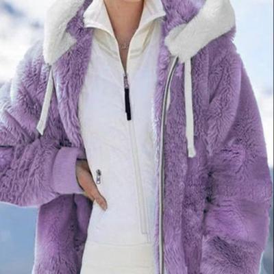 China Women's Anti-Wrinkle Teddy Striped Casual Fluffy Zip Up Coat Hooded Teddy Bear Plus Size Pure Color Plush Coat Outerwear for sale