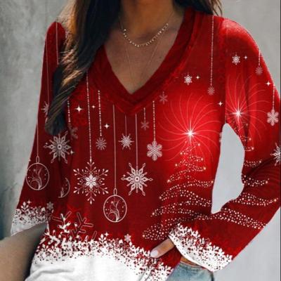 China Anti-Wrinkle Christmas Women Christmas Star Long Sleeve V-Neckline Plus Size Printed Tops T-Shirts Plus Size Sweater for sale