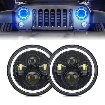 China Hot Selling Heavy Die-Cast Aluminum Alloy 7 Inch Round LED Headlights RGB Halo Ring Angel Eyes APP Control Headlight For Jeep Wrangler JK LJ CJ for sale