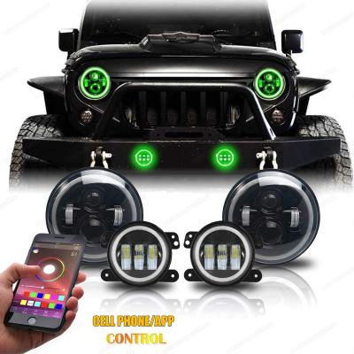 China For Jeep Wrangler JKU JK LJ CJ TJ Sahara Sport Rubicon 1997~2018 7 Inch RGB Halo Ring LED Headlights Round With 4 Inch Fog Lights Kit For Jeep Wrangler 1997-2018 JK Rubicon TJ LJ for sale