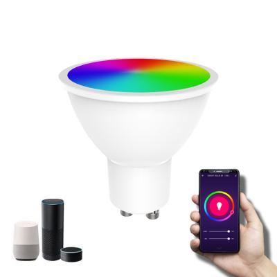 China Residential Tuya Alexa wifi RGB GU10 Dimmable lamp raw material RGB color changing 2700-6500K led light smart bulb for sale