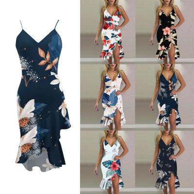 China New Print Summer Anti-wrinkle Casual Sexy Slit Fashion Irregular V-Neck Strap Dress For Women for sale