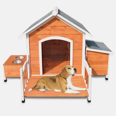 China Sustainable Large Kennel Solid Wood Outdoor Wooden Dog Kennel With Feeder And Storage Box for sale