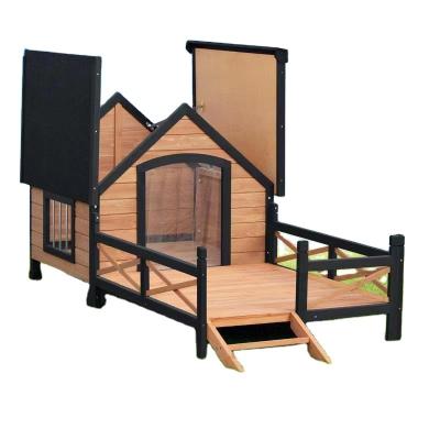 China Sustainable large triangle wooden exterior house with porch and curtain for dog kennel for sale