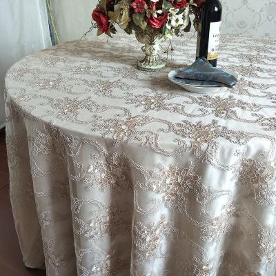 China 132inch Hotel, Wedding, Banquet Embroidery Round Restaurant Waterproof High-end Custom Large Size Transparent Table Cloth for sale