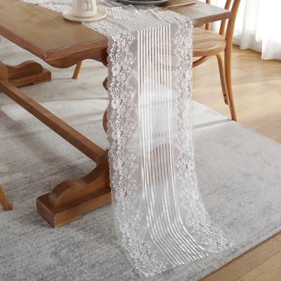 China 2023 New Stripe French White Romantic Lace Long Lace Table Flag Wedding Event Decorative Table Runner for sale