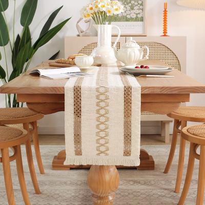 China Stripe Tied Tassel Table Runner Wedding Party Home Decor Bohemian Canvas Woven Flag for sale