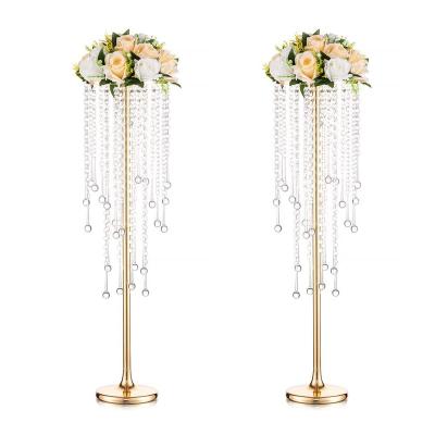 China 2023 Vintage Elegant Metal Chandelier Crystal Gold Flower Bouquet Stand High Pearl Flower Stand For Table Centerpiece Wedding for sale