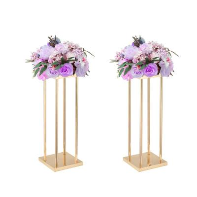 China Wholesale Custom Vintage Gold Metal Wedding Centerpiece Pillar Flower Stand Cake Table Rectangular Vase for sale