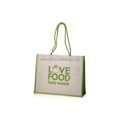 China Simple Color Logo Printed Shopping Jute Bag Jute Bag with Long Cotton Rope for sale