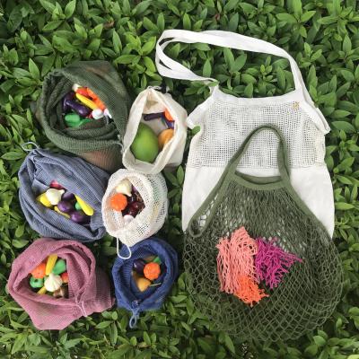 China Natural Organic Washable Eco Friendly Biodegradable Reusable Grocery Handled Vegetable Storage Eco Cotton Mesh Bags for sale