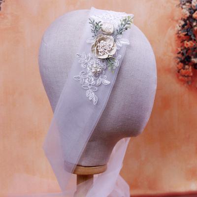 China Wedding Cloth Accessories Bridal Beaded Mesh Hair Band Lace Flower Bud Wedding Dress Party Hair Accessories Headpiece for sale