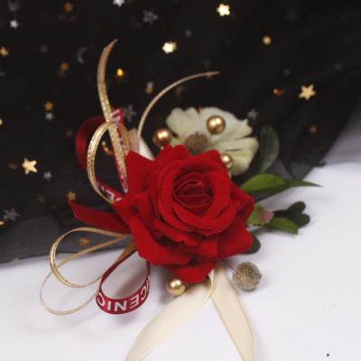 China Handmade Burgundy Suede Fabric Flower Bride Corsage Wrist Flower Wedding Accessories Corsage Boutonniere for sale