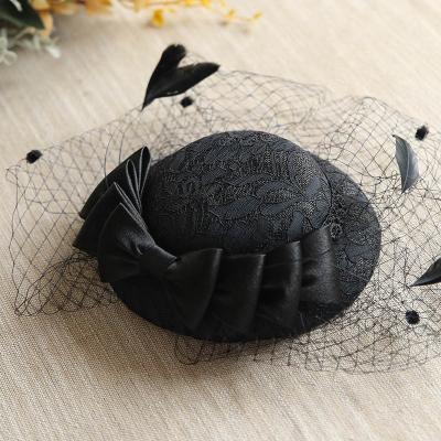 China Super Sanson handmade bride black wedding hat with bow hats soft mesh elegantwomen wedding European vintage wedding hats and dress for sale