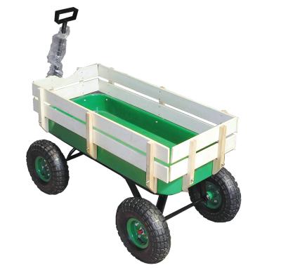 China Small Outdoor Tours Kid Hand Truck Garden Tool Wagon Wooden Kids Cart with Pneumatic Four Wheel for Outdoor Use in Red Green Color for sale