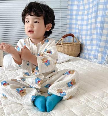 China Children's double-layer cotton gauze breathable pajamas four seasons baby loose home long-sleeved clothes can be outside use for sale