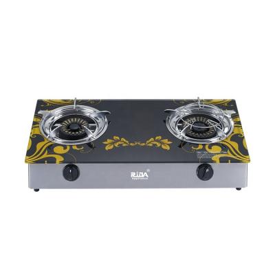 China Hotel Good Quality Table Top Stainless Steel Ignition 2 Burner Tempered Glass Automatic Piezo Gas Stove for sale