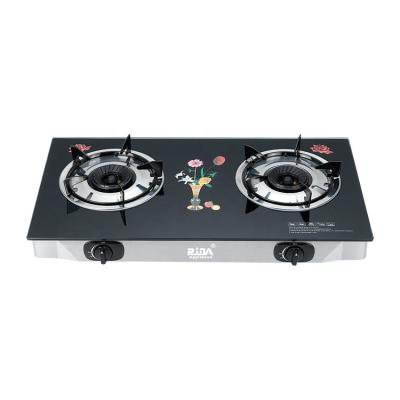 China Automatic Failure Device Hotel Fire Cap 2 Burner Tempered Glass Table Top Steel Gas Stove for sale