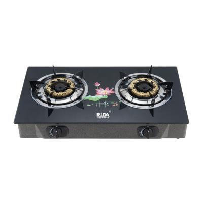 China Hotel Canteen Suitable Quality Tempered Tabletop Restaurant 2 Burner Auto Ignition Black Glass Gas Stove for sale