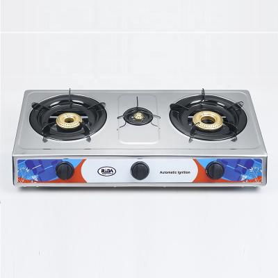 China Hotel Fancy Design High Quality Pressure Fire Top Auto Ignition 3 Burner Gas Stove Central Cooker for sale