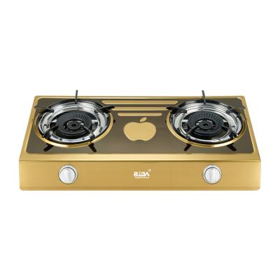 China 2021 New Hotel Support Market Indian Gold Double 2 Burner Table Top Stainless Gas Stove for sale