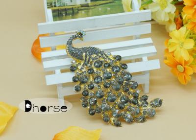 China Black Peacock Vintage Rhinestone Brooches With Gold Alloy , Rhinestone Bridal Brooches for sale