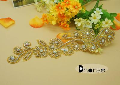 China Gold Base Ab Stone Evening Dresses Rhinestone Beaded Applique With Flower Design for sale