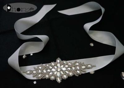 China 5.2 CM Ribbon Silver Beaded Rhinestone Bridal Sash , Handmade for sale