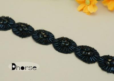 China Organza Ground Black Embroidered Beaded Floral Trim For Garment for sale