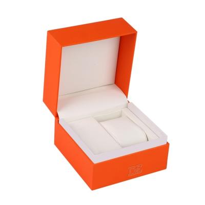 China Simple stylish orange leatherette watch gift box with cream leather interior for sale