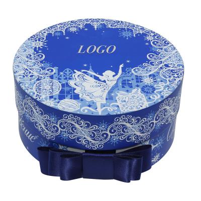 China Handmade elegant blue printed round paper gift box with ribbon bow for sale