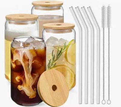 China High Borosilicate Stocked Juice Water Soda Beer Glass 16oz Glass Beer Can With Bamboo Lid for sale