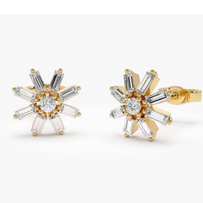 China Cute Xiqi 14K Gold Plated Floral Design Baguette Zircon Stud Earrings 925 Sterling Silver Earring Studs for sale