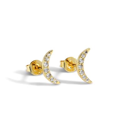 China Vintage Jewelry 14K Brass Gold Thin Layer Crystal Moon Stud Earrings Mini for sale