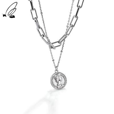 China FASHIONABLE Minimalist Double Layer Sterling Silver 925 Elizabeth Coin Pendant Necklace for sale