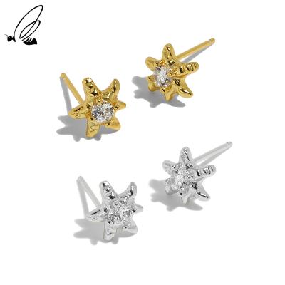 China Fashionable Sufficiency Starfish 18K Gold Shiny Zircon 925 Sterling Silver Cute Ear Studs For Girl for sale