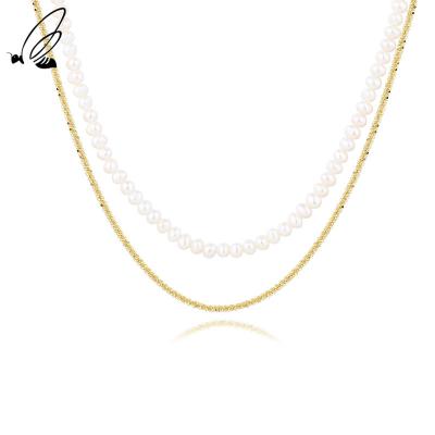 China TRENDY Fine Jewelry Double Layer Sterling Silver 925 Pearl Chain Necklaces For Women for sale