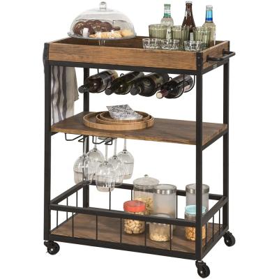 China Hotel Modern Home Industrial Style Storage Vintage Metal Coffee Wine Rack Wooden Serving Rolling Bar Cart With Wheels for sale