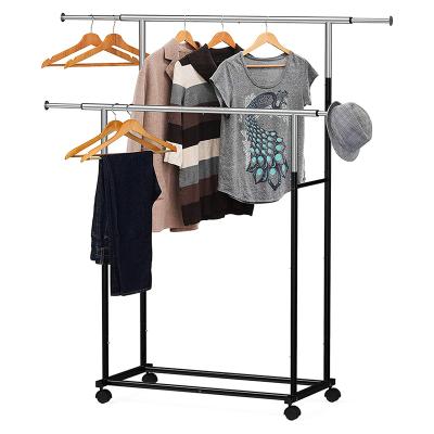 China Modern Heavy Duty Double Rod Clothing Hanging Garment Rack Coat Rack 2 Tiers Metal Shelves Clothing Rolling Rack With Wheels for sale