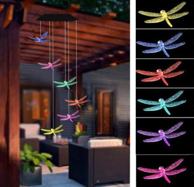 China Plastic Solar Dragonfly Wind Rings Garden Decor Color-Changing Wind Chimes Solar Mobile Led Hanging Lamp For Outdoor Decor for sale