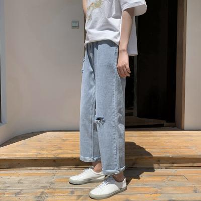 China Latest Breathable American Wrinkled Jeans Hip Hops Summer Loose Holes Straight Pants Men's Ripped Jeans for sale