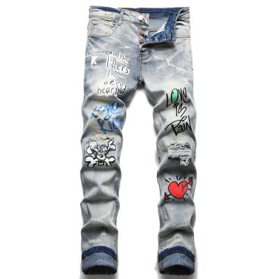 China Small quantity wholesale price fashion trend QUICK DRY regular ripped print slim fit jeans for sale