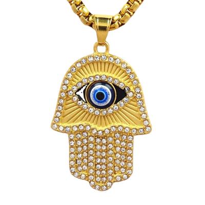 China skin-friendly & 2021 Eco-friendly Fashion Design 18K Gold Plated Hiphop Evil Eye Pendant With Rhinestone Fatimas Hand Jewelry for sale