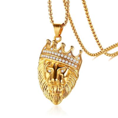 China skin-friendly & Eco-friendly Trendy Punk Zircon Animal Hiphop Lion Head 18K Gold Stainless Steel Pendant for sale